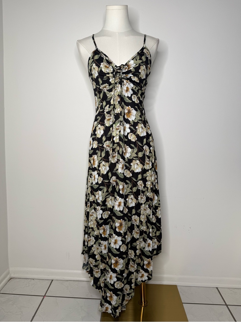 mahina Black Floral High-Low Slip Dress with Lace-Up Front